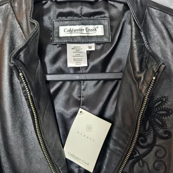 Coldwater Creek Leather Floral Embroidered Zip Up Vest Black M Western Biker NWT - Picture 5 of 7